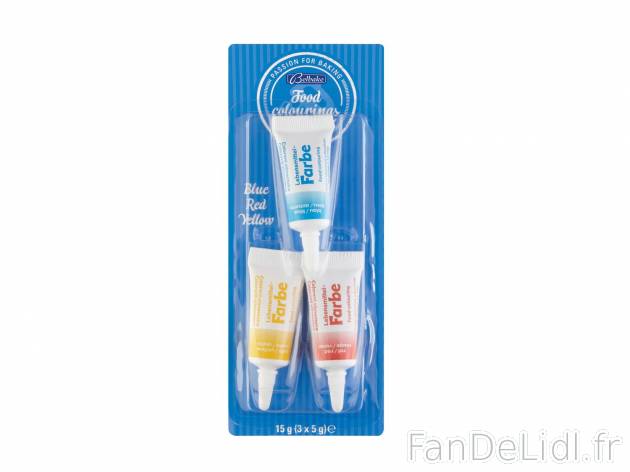 3 colorants alimentaires1 , prezzo 1.29 € 15 g 
- Assortiment de colorants bleu, ...