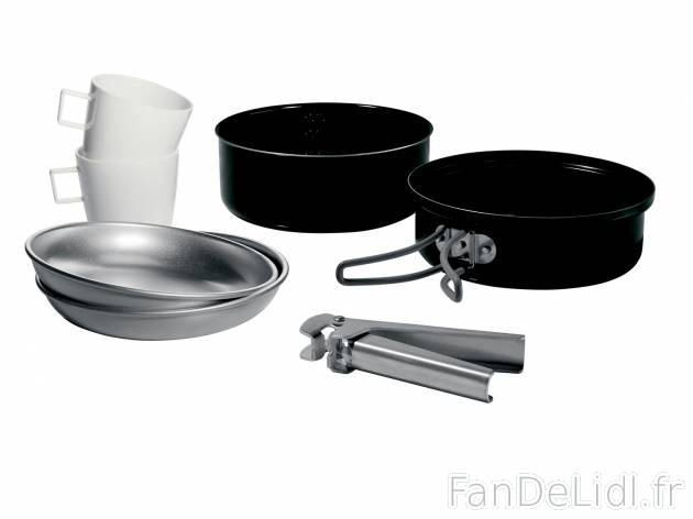 Popote de camping , prezzo 11.99 € 
- Contenu : 1 casserole, 1 poêle avec poignées ...