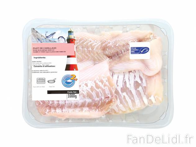 Filets de cabillaud , prezzo 12.99 € per La barquette de 1 kg 
-  Sans peau ni arêtes