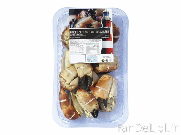 Pinces de tourteau cuites précassées1 , prezzo 5.99 € per 500 g 
-  Calibre 12/24