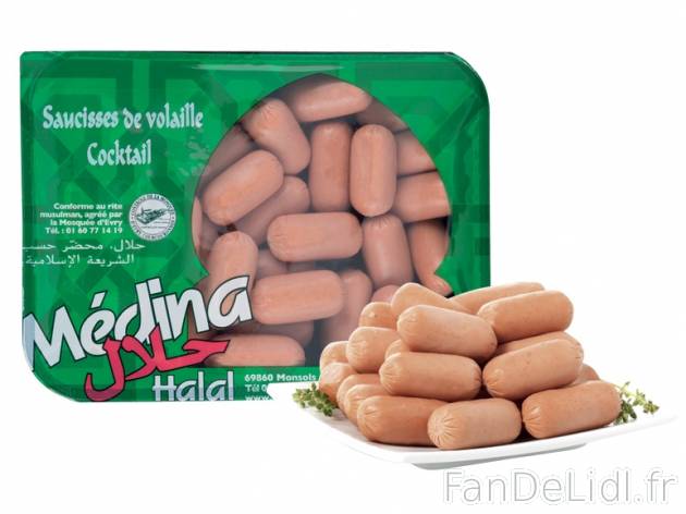 Saucisses de volaille cocktail halal , prezzo 1,69 € per 300 g, 1 kg = 5,63 € EUR.