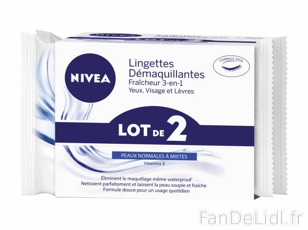 Nivea lingettes démaquillantes , prezzo 3.59 €  
-  Au choix : fraîcheur ou douceur