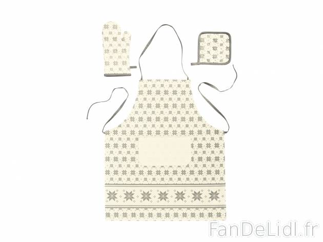 Set de cuisine, le prix 5.99 € 
- Tablier 100 % coton, gant/manique dessus 100 ...