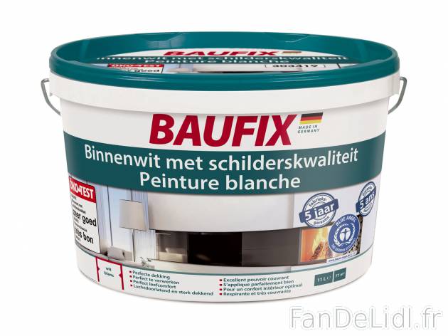 Peinture blanche , prezzo 16.99 €  
-  Pour l’intérieur
-  11 L pour env. 77 m²