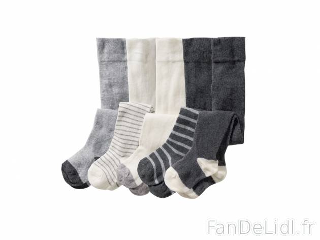 Collants bébé en coton Bio , le prix 7.99 € 
- Ex. 79 % coton, 20 % polyamide ...