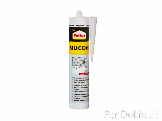 Silicone blanc ou transparent , le prix 2.49 €  
-  Env. 310 ml 