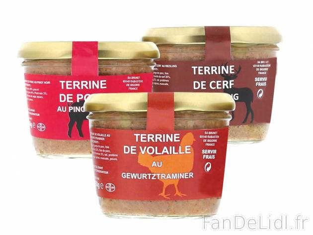 Assortiment de 3 terrines1 , prezzo 2.49 € per 540 g 
- Sans colorant ni conservateur
- ...