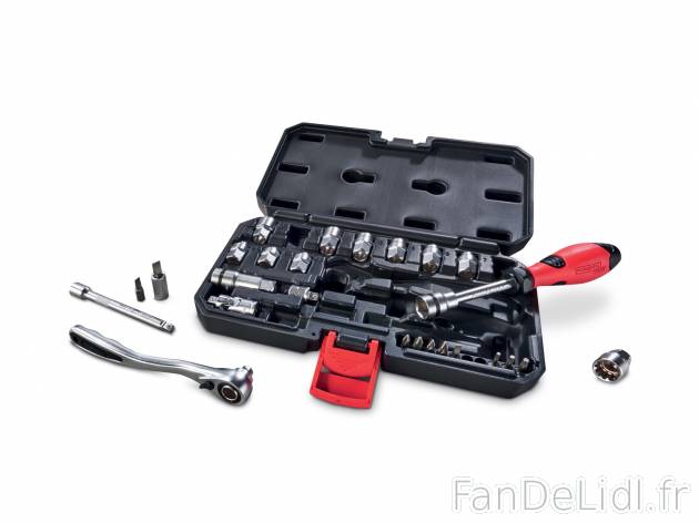 Coffret à douilles , le prix 16.99 € 
- En acier S2 et chrome vanadium
- 29 ...