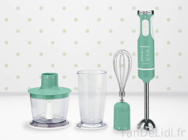 Mixeur plongeant , le prix 19.99 € 
- 600 W
- 3 en 1 : mélanger, mixer et hacher
- ...