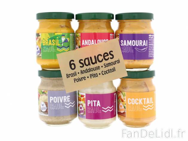 6 mini sauces1 , le prix 2.99 &#8364; 
- Sauces cocktail, andalouse, samoura&iuml;, ...