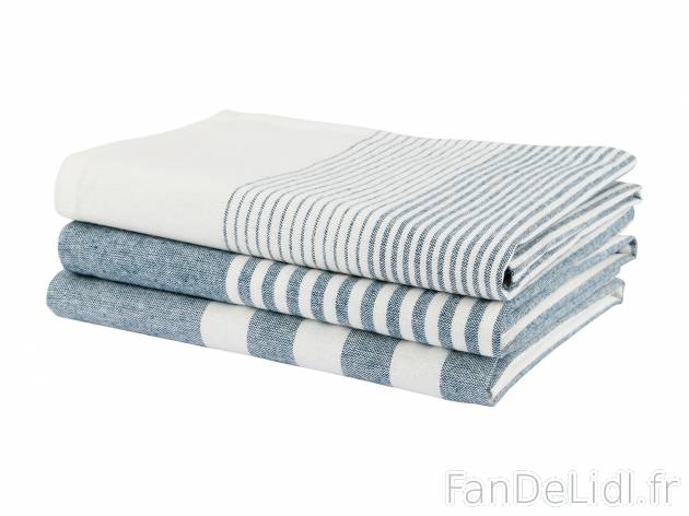 Torchons , le prix 3.99 €  
-  100 % coton
-  Lot de 3
-  3 coloris au choix