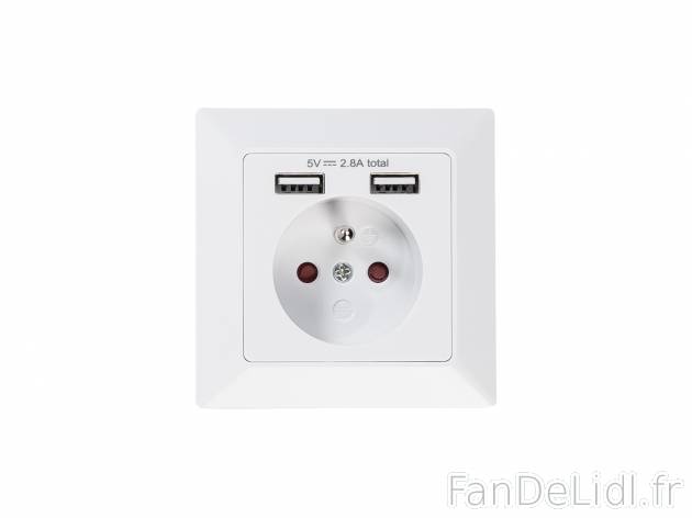 Prise murale avec 2 ports USB , le prix 9.99 € 
- Sécurité enfant intégrée
- ...
