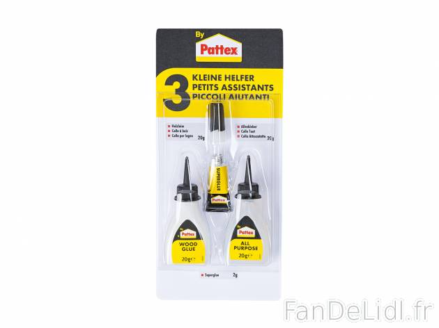 Colle , le prix 1.99 € 
- Set de 3 colles : colle à bois env. 20 g, colle instantanée ...