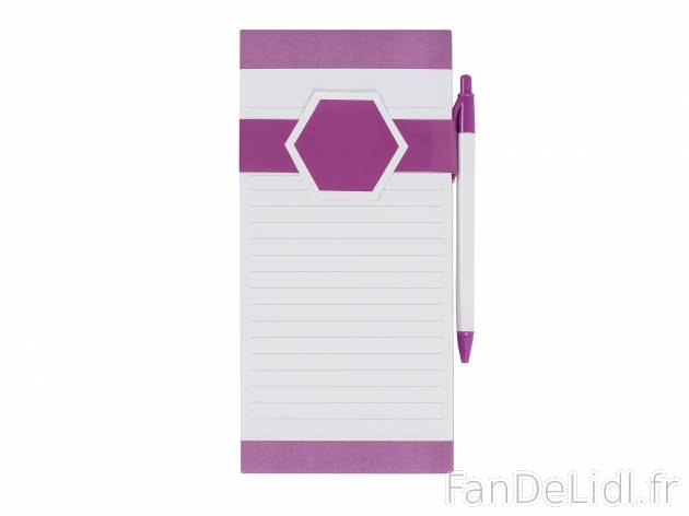 Bloc-notes et stylo , le prix 1.49 € 
- 2 bandes magnétiques au dos
- 4 coloris ...