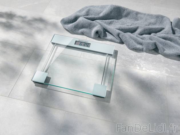 Pèse-personne en verre , le prix 7.99 € 
- 180 kg max.
- Fonction 