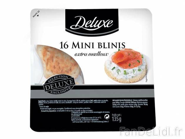 16 mini blinis , prezzo 0.79 € per 135 g, 1 kg = 5,85 € EUR.