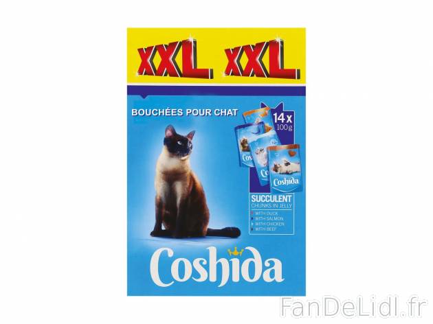 Bouchées pour chat , prezzo 2.89 € per 1,4 kg 
- 12 sachets de 100 g + 2 GRATUITS ...