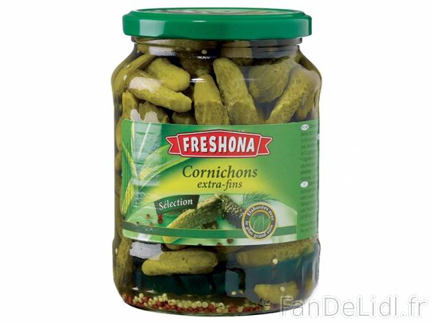 Cornichons extra-fins , prezzo 1.09 € per 360 g (PNE), 1 kg = 3,03 € EUR.