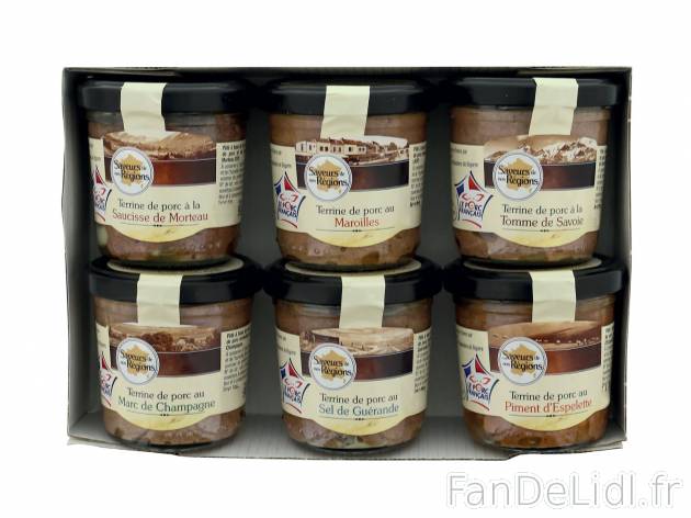Lot de 6 terrines , le prix 3.99 € 
- Assortiment : composé de porc à la saucisse ...