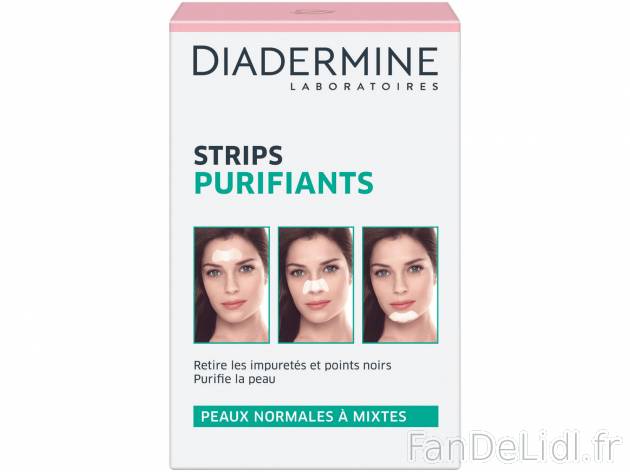 Diadermine strips purifiant , le prix 3.40 €  
-  Peaux normales et mixtes