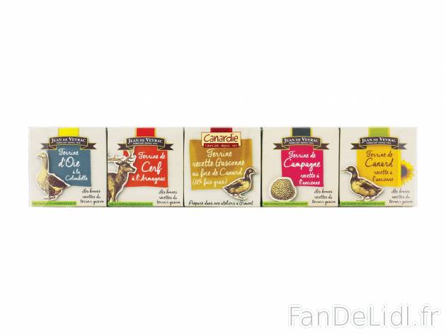 Assortiment de 5 terrines , le prix 5.29 € 
- Composé d’une terrine d’oie ...