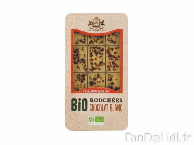 Tablette de chocolat Bio en bouchées , le prix 2.29 € 
- Au choix : blanc coeur ...