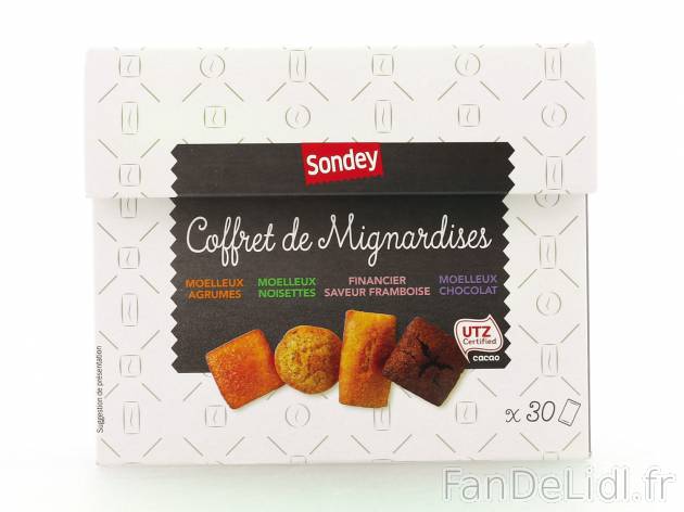 Coffret de 30 mignardises , le prix 4.49 &#8364; 
- Moelleux agrumes, moelleux ...