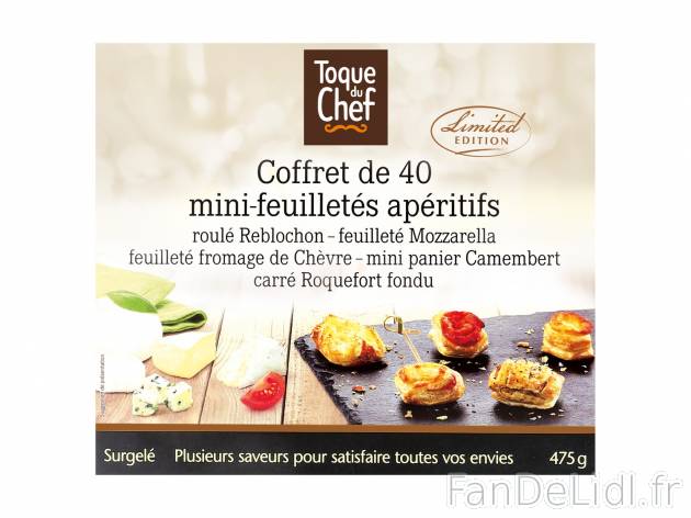 40 mini feuilletés apéritifs au fromage , le prix 3.79 € 

Caractéristiques

- ...
