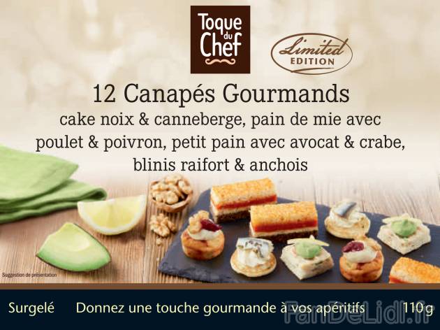 12 canapés gourmands , le prix 4.19 €  

Caractéristiques

- surgelées