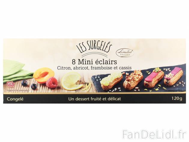 8 mini éclairs fruités , le prix 3.69 € 
- Fourrés au citron, abricot, framboise et ...