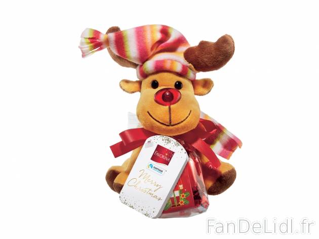 Peluche avec sachet de chocolat , le prix 6.79 €  
-  Inédit chez Lidl