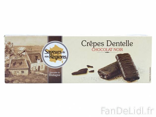 Crêpes dentelle au chocolat noir , prezzo 1.29 € per 100 g, 1 kg = 12,90 € EUR.