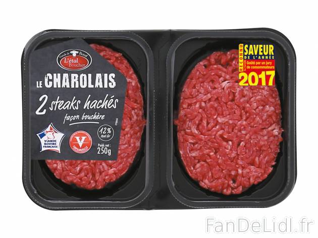 2 steaks hachés Charolais1 , prezzo 2.89 &#8364; per 250 g 
-  12 % Mat. Gr.