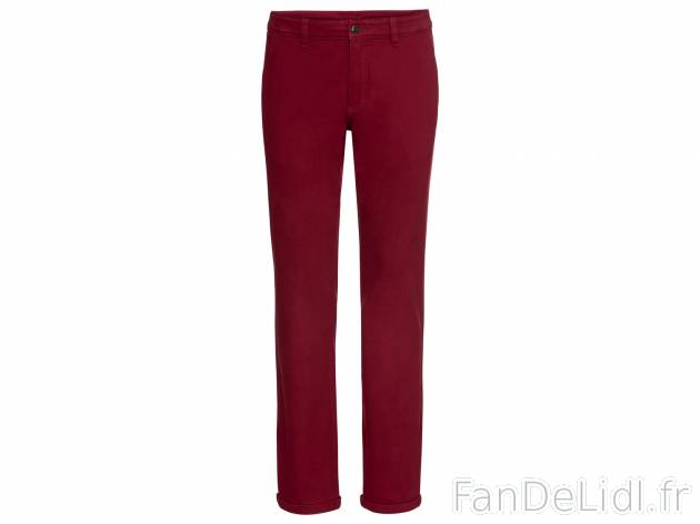 Pantalon chino homme Livergy, le prix 9.99 € 
- Ex. 98 % coton et 2 % élasthanne ...