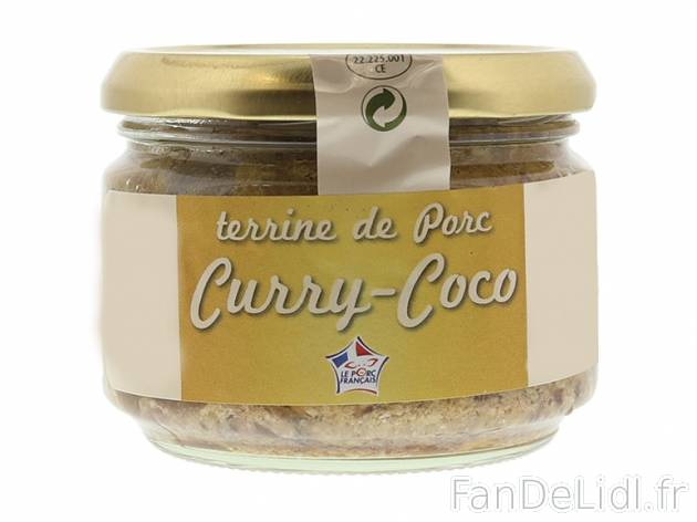 Terrine de porc curry-coco , prezzo 0.99 € per 180 g, 1 kg = 5,50 € EUR.