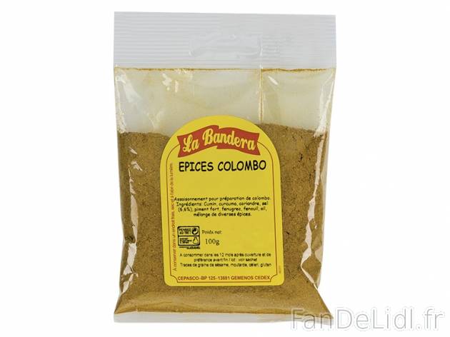 Epices colombo , prezzo 0.59 € per 100 g, 1 kg = 5,90 € EUR.