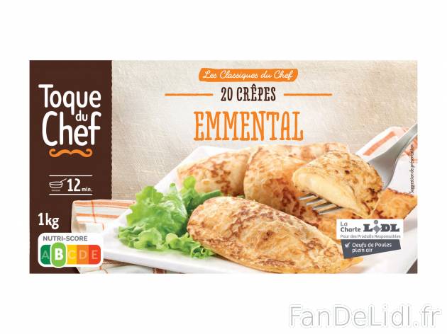 20 crêpes emmental , le prix 2.19 €  

Caractéristiques

- surgelées