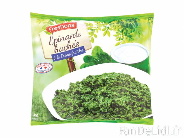 Épinards hachés à la crème fraîche , le prix 1.23 € 
- Le sachet de 1 kg ...