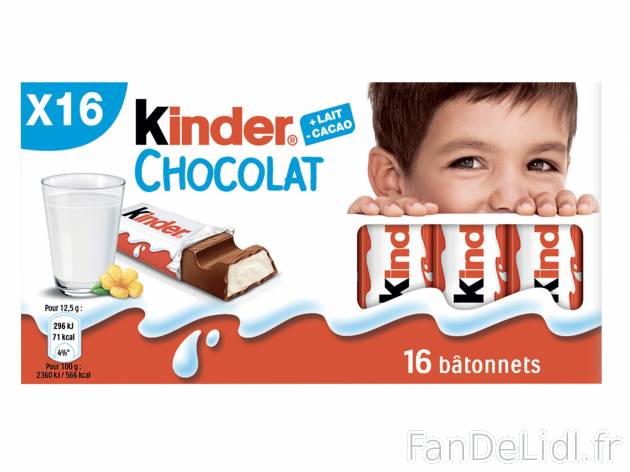 16 Kinder chocolat , le prix 1.62 € 
- Le paquet de 200 g : 2,31 € (1 kg = ...