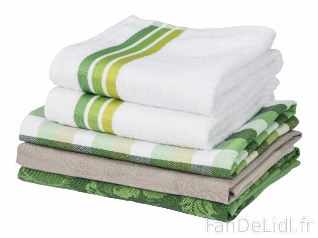 Torchons de cuisine , le prix 6.99 € 
- 100 % coton
- Set de 5 dont 3 torchons ...