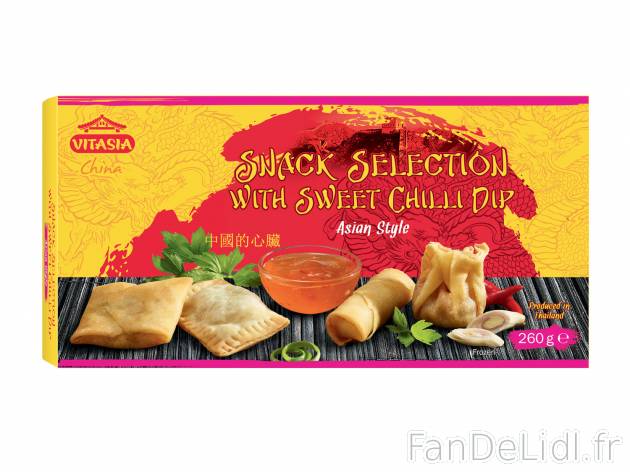 Assortiment de snacks , le prix 3.09 € 
- Au choix : façon asiatique ou thaï
Caractéristiques

- ...