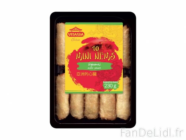 10 mini nems aux légumes , le prix 1.99 € 
- Sauce incluse !
Caractéristiques

- ...