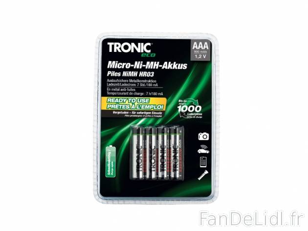 4 piles rechargeables , prezzo 3.99 € per Le lot au choix 
- Piles pré-chargées ...