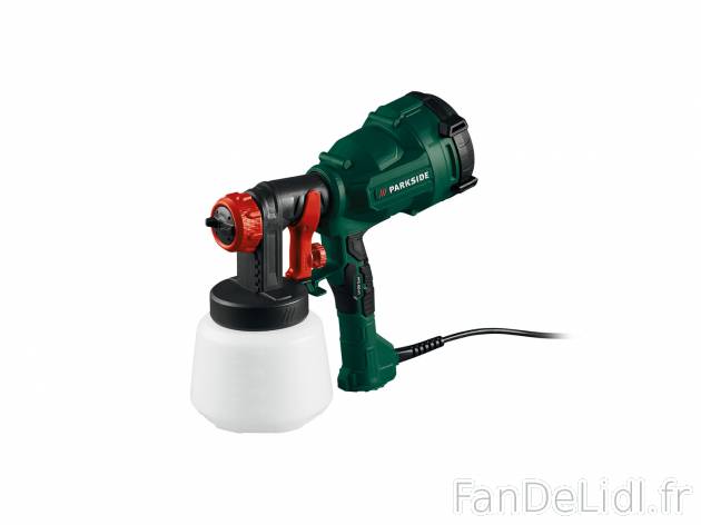 Pistolet à peinture basse pression Parkside, le prix 29.99 € 
- 400 W
- 3 jets ...