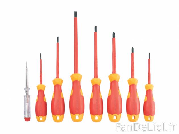 Tournevis , le prix 6.99 € 
- Set de 8 : 4 tournevis plats, 3 tournevis cruciformes ...