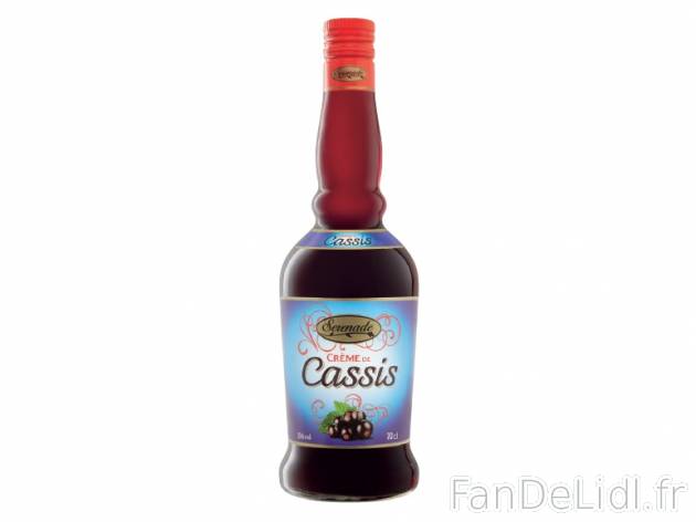 Crème de cassis , prezzo 3.59 € per 70 cl, 1 L = 5,13 € EUR. 
- 15 % Vol. ...