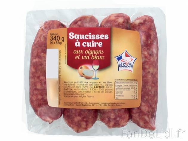 Saucisses aux oignons et vin blanc , prezzo 2.79 € per 340 g, 1 kg = 8,21 € ...