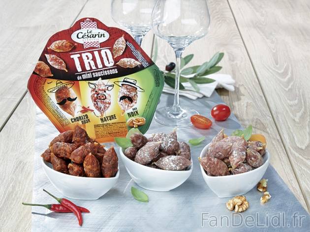 Trio de mini saucissons , prezzo 1.99 € per 130 g, 1 kg = 15,31 € EUR. 
- Assortiment ...