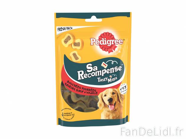 Pedigree « Sa récompense » , le prix 1.06 €  
-  Bouchées fourrées au bœuf 