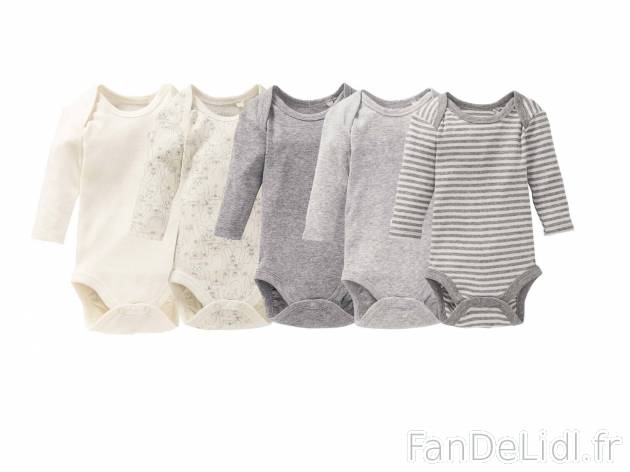 Bodies manches longues bébé bio , le prix 9.99 € 
- Lot de 5
- Du 0-2 mois ...